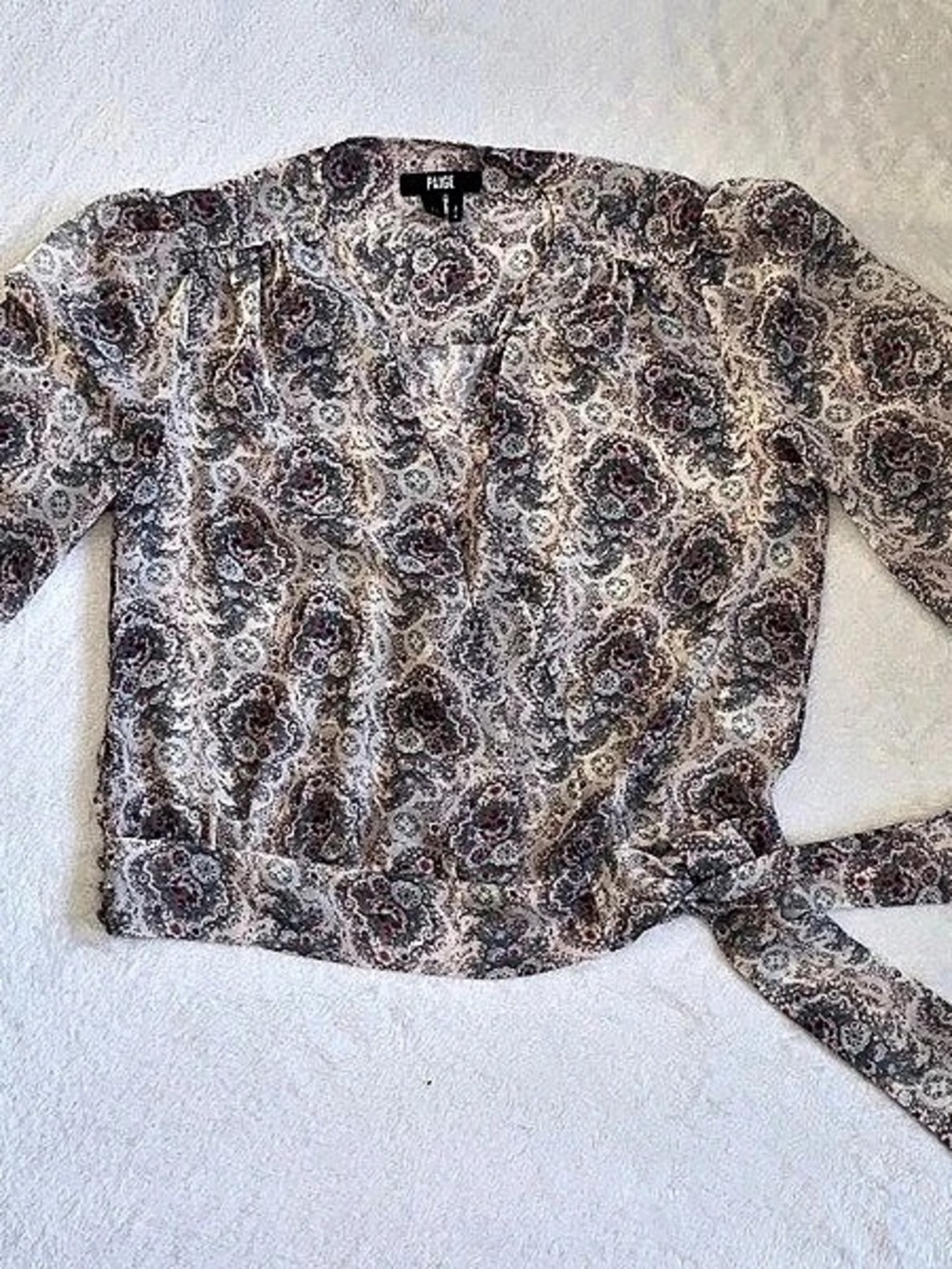 PAIGE Margherita Floral Paisley Tie Waist Blouse XS Ecru Multi Long Sleeve